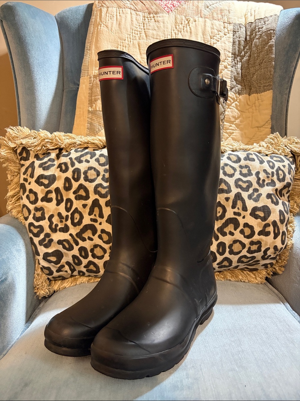 Hunter Matte Black Tall Waterproof Rain Boots with Side Buckle
